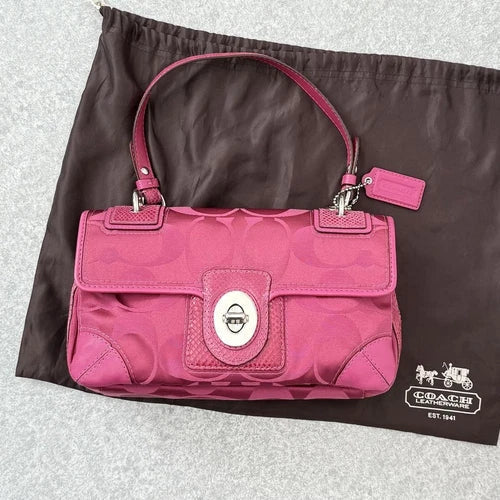 COACH Signature Flap Shoulder Bag 31214 β Pink Leather x Satin Canvas π