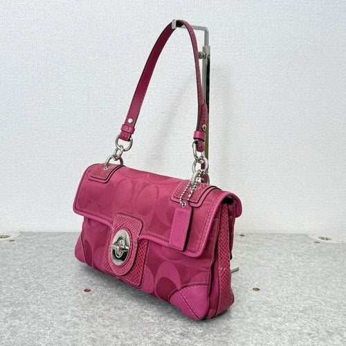 COACH Signature Flap Shoulder Bag 31214 β Pink Leather x Satin Canvas π